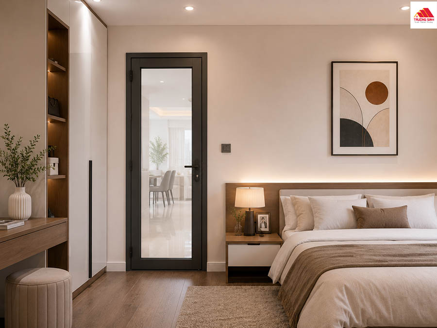 Mẫu cửa nhôm kính mở quay 1 cánh cho phòng ngủ
